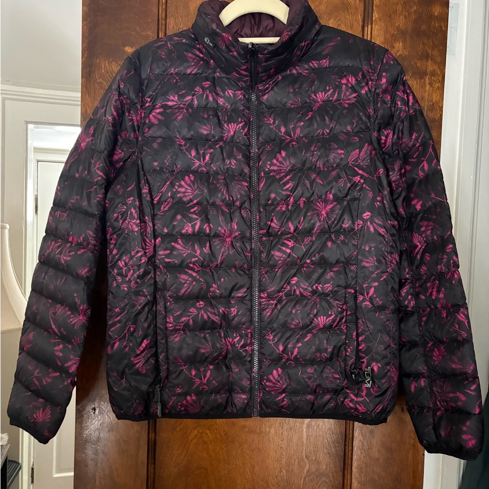 Tumi Black and Pink Floral Puffer Jacket